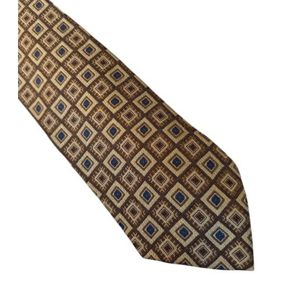 Bugatti Mens Silk Necktie Brown Tan Blue Geometric Square Pattern Medallion Tie